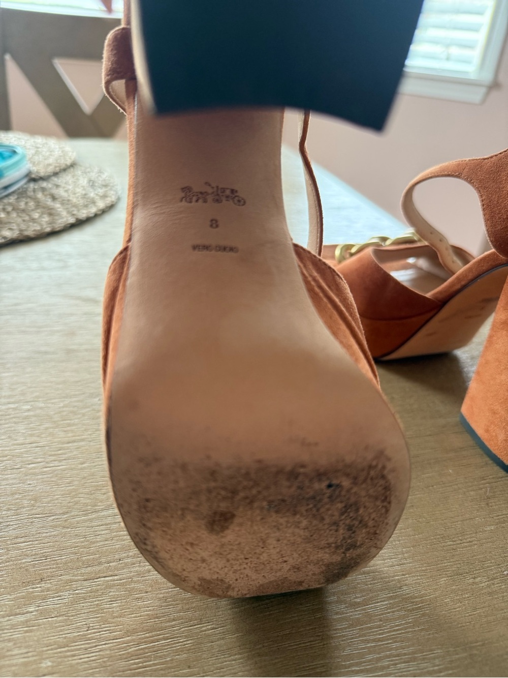 Coach Rust Suede Chain-Embellished Block Heel Sandals - Picture 10 of 10